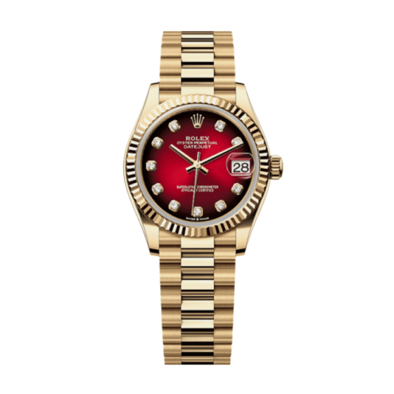 Date just ladies yellow gold red ombre diamond dial 31mm